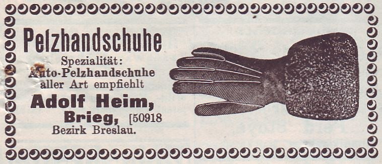 Eine alte deutsche Visitenkarte mit einem Handschuhpaar und beschreibendem Text.