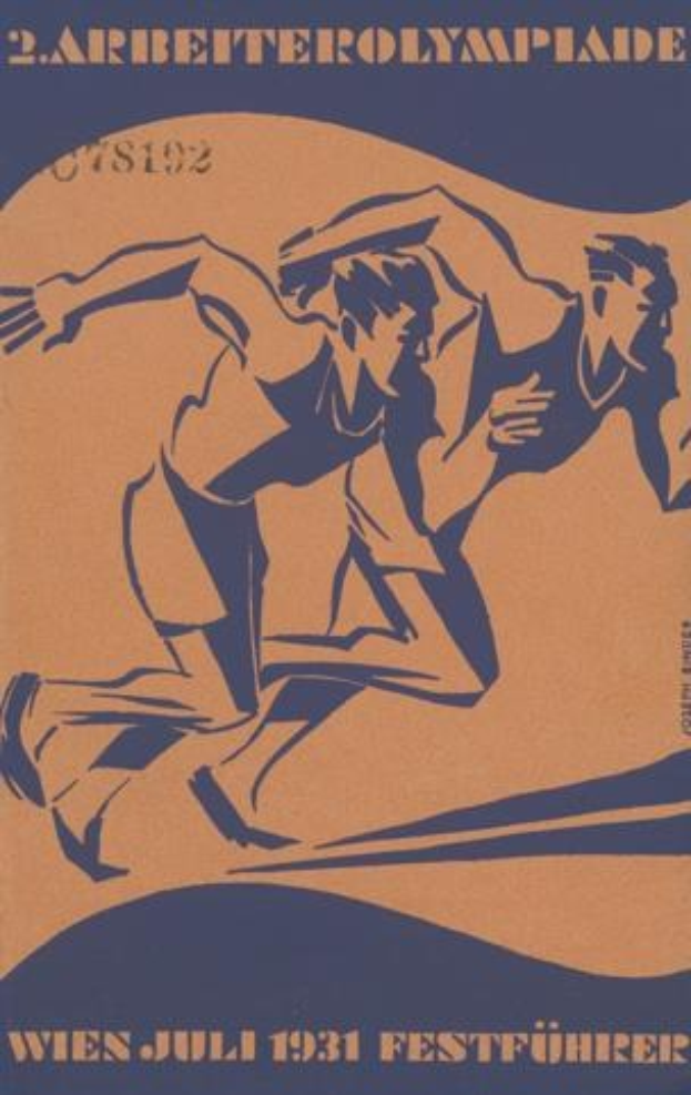 Plakat für die Olympischen Spiele 1932 in Berlin mit zwei Läufern im Vordergrund und Text mit Veranstaltungdetails