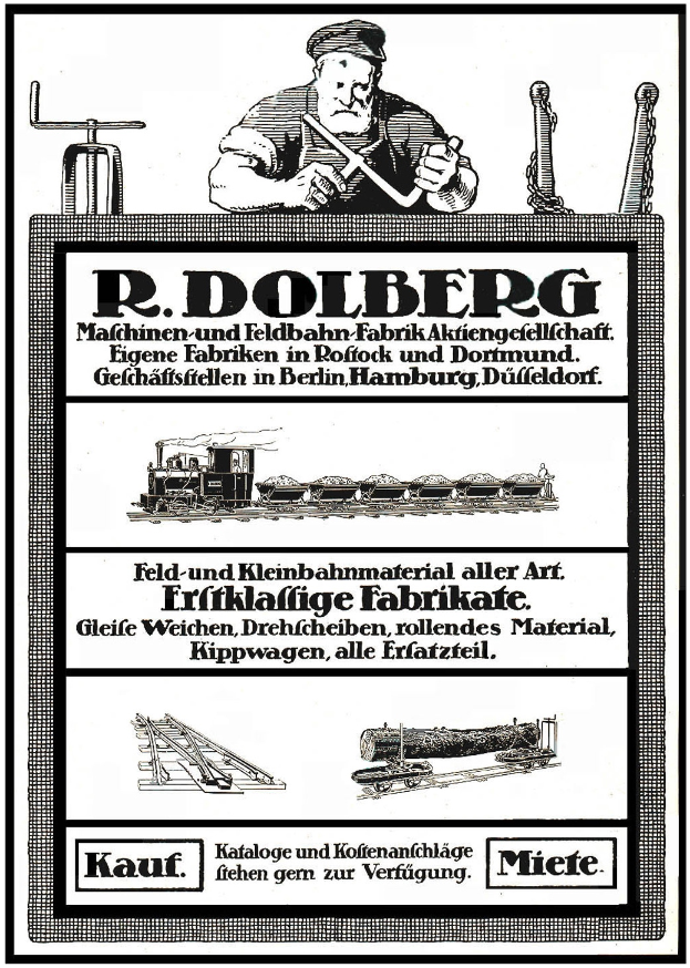 Ein Plakat, das die Fabrik von R.D. Dolberg in Hamburg, Deutschland, bewirbt und Text, ein Bild einer Person, einen Zug und andere Gegenstände enthält.