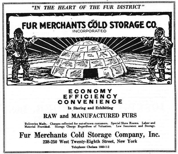 Anzeige für Fur Merchants Cold Storage Company, Inc. mit zwei Personen vor einer iglu├Ąhnlichen Struktur und Text, der die Dienstleistungen des Unternehmens beschreibt.