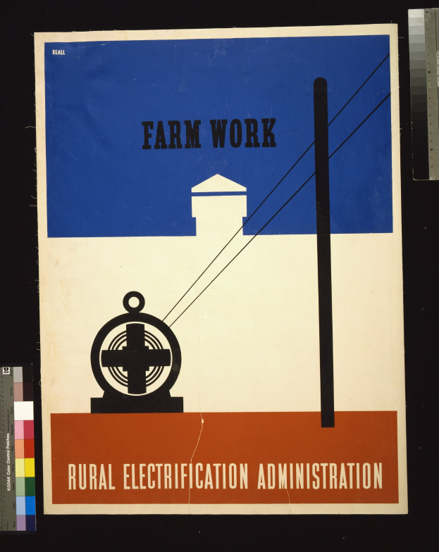 Plakat mit fetter schwarzer Schrift "Landwirtschaftliche Arbeit Elektrizitätsverwaltung" auf einem weißen Hintergrund, eingerahmt von einem schwarzen Rand, mit einer Grafik eines Bauernhofs mit einem Traktor und einem Stall.