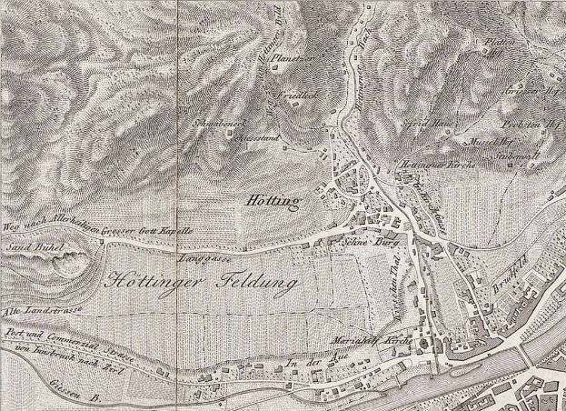 Ein detaillierter alter Stadtplan von Hottingerfeldung, Deutschland, der Straßen, Gebäude und andere Merkmale mit Textbeschriftungen zeigt.