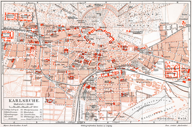 Detailierte Karte von Karlsruhe, Deutschland aus dem Jahr 1900, mit Text und umfassender Stadtplanung.