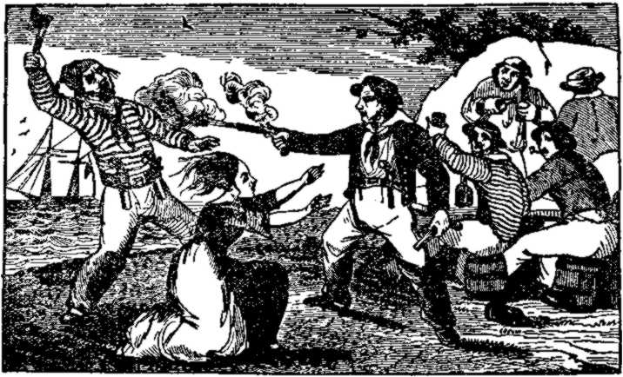 Eine Schwarz-Weiß-Zeichnung einer Gruppe von Menschen am Strand mit einem Schiff im Hintergrund, einem Baum im Vordergrund und Text unten, der 'Fluch der Karibik' lautet.