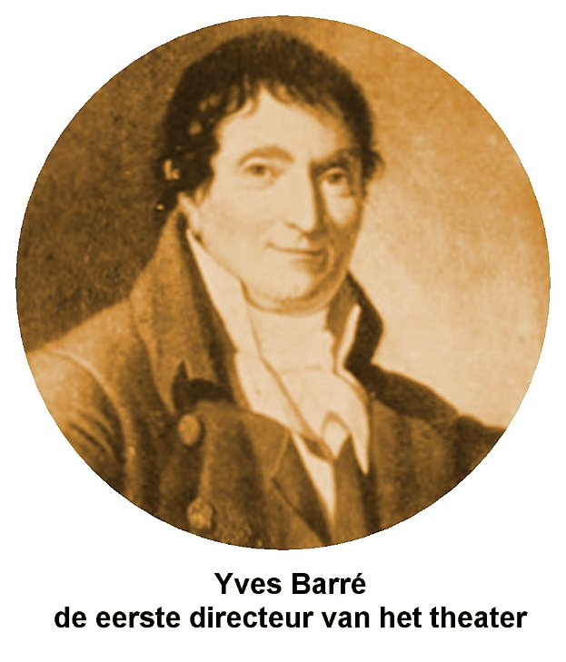 Portrait von Yves Barre, dem Theaterregisseur, in einem schwarzen Anzug und weißem Hemd mit ernstem Gesichtsausdruck, zurückgekämmtem Haar und direktem Blick in die Kamera; fetter Text unten.