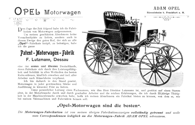 Schwarze und weiße Anzeige für einen Opel-Motorwagen, der das historische Fahrzeug mit begleitendem Text zeigt.