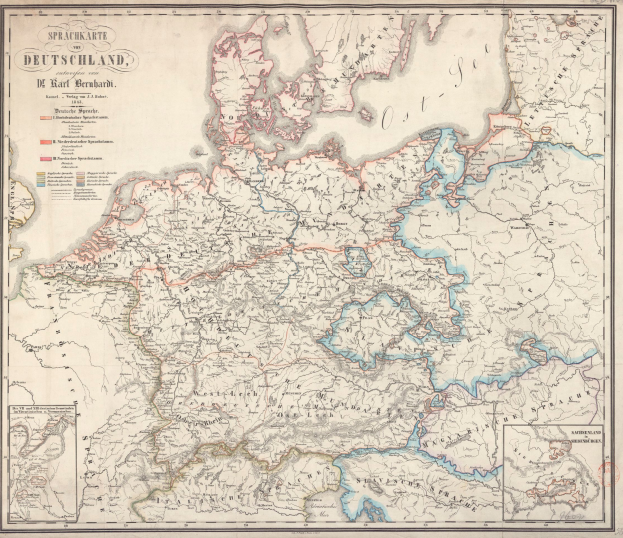 Ein altes Deutschland- und Rheinkarte, detailliert mit geografischen Merkmalen in Blau-, Grün-, Gelb- und Rottönen, mit klassischem Text.