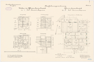Ein detaillierter Grundrissplan des ehemaligen Bundeskanzleramts in der Bundesrepublik Deutschland, der architektonische Layouts und Textannotationen zeigt.