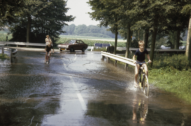Eine Gruppe von Menschen fährt mit Fahrrädern eine überflutete Straße hinunter, mit einem daneben fahrenden Auto, gesäumt von einem Geländer und umgeben von Bäumen und Pflanzen, unter einem klaren blauen Himmel.