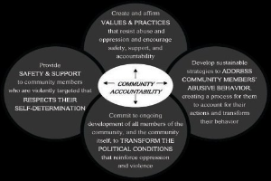 Ein Diagramm mit dem Titel "Gemeinschaftliche Rechenschaft" mit drei miteinander verbundenen Kreisen um einen zentralen Kreis, alles in hellen Farben, mit fettem Text, der den Begriff betont.