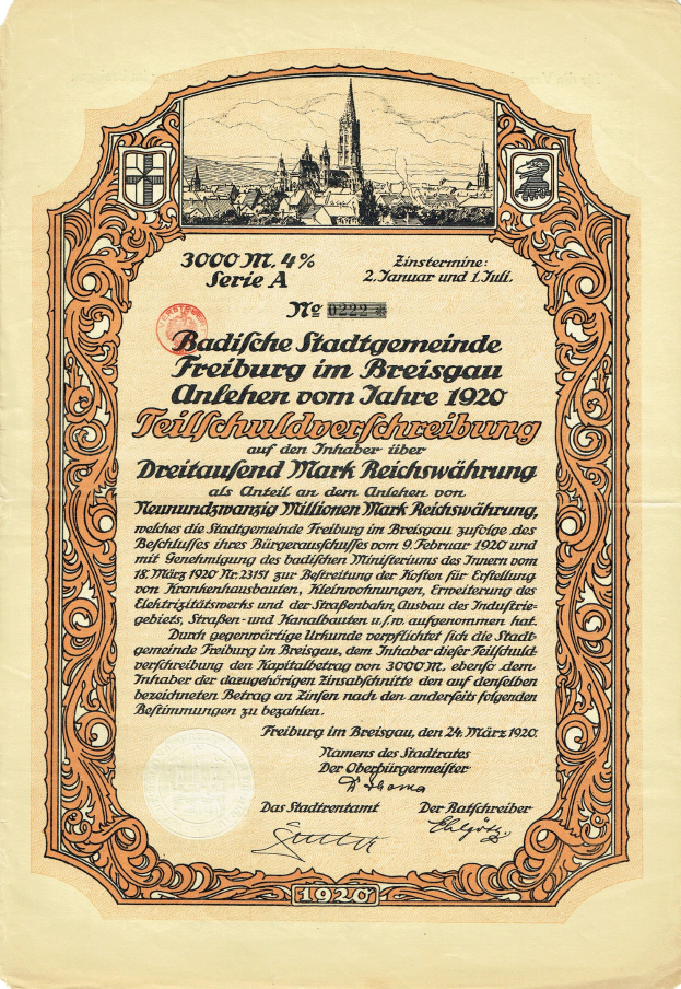 Altes deutsches Aktienzertifikat mit einer Stadtansicht und gedrucktem Text, der die Aktien Details angibt.