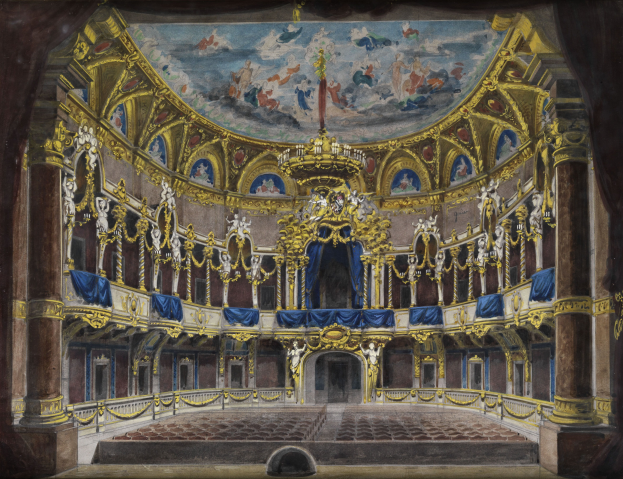 Ein Bild eines Theatersaals mit einer großartigen, kunstvoll verzierten Decke, verzierten Wänden mit Säulen, Geländern und Vorhängen und einem Teppichboden, gekrönt von einem zusätzlichen Bild.