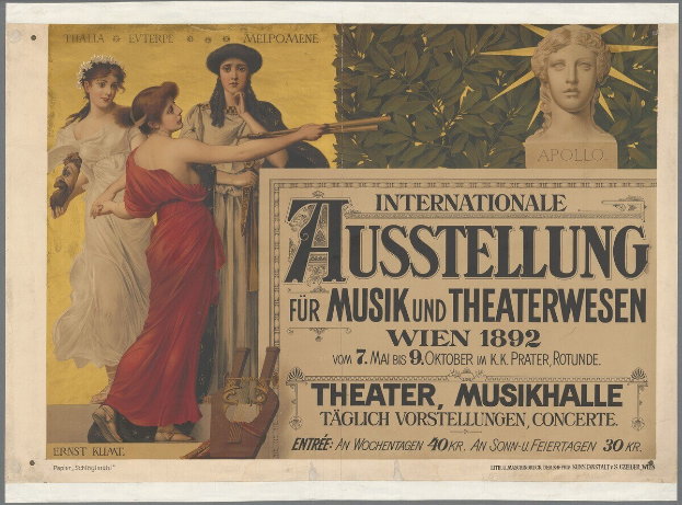 Plakat für die Internationale Ausstellung für Musik und Theaterwesen in Wien, Österreich, das eine Gruppe von Menschen in einem Kreis mit einer Frau, die ein Musikinstrument hält, in der Mitte zeigt und Text mit Veranstaltungseinzelheiten.