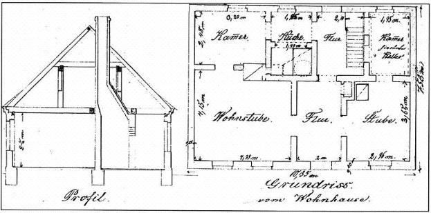 Eine Zeichnung eines Hauses mit zwei Grundrissen und Text, der das Layout detailliert, einschließlich Zimmeranzahl, Größen und Merkmale, in Wohnhausen, Deutschland, zeigt.