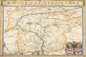 Ein detailliertes historisches Kartenposter der ersten Grafschaft Tirol, das geografische Merkmale wie Flüsse, Berge und Städte zeigt, begleitet von erklärendem Text.