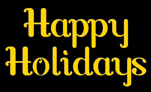 Weißer Hintergrund mit gelbem Text, der "Fröhliche Feiertage" in festlichem Stil zeigt.