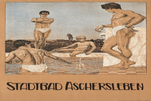 Plakat, das ein Schwimmbad in Aschersleben, Deutschland, zeigt, auf dem Menschen im Wasser zu sehen sind und Text über seine Einrichtungen.