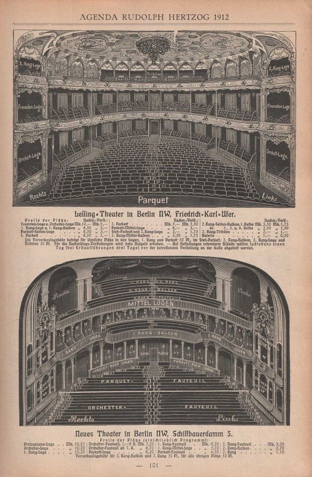 Schwarz-weiß-Illustration einer alten Buchseite mit einem großen Auditorium in Berlin, Deutschland, aus dem Jahr 1912, mit detaillierten Zeichnungen und Texten zur Beschreibung des Theaters.
