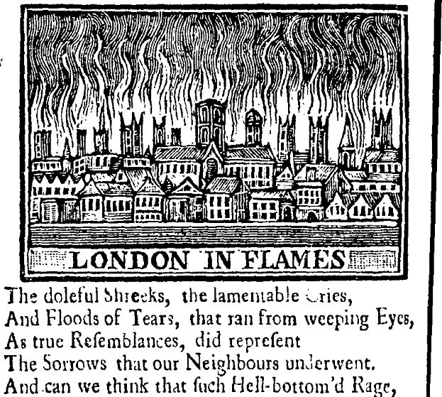 Eine Schwarz-Weiß-Zeichnung einer brennenden Stadt mit dicken Rauch- und Flammenspuren, und der Text "London in Flammen" unten.
