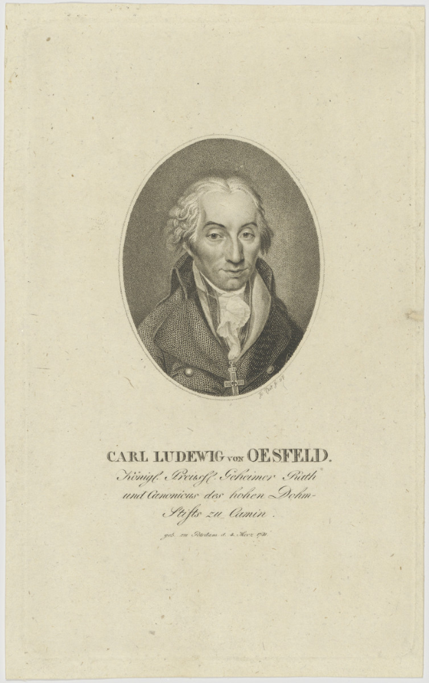 Porträt von Carl Ludwig von Oesfeld, ein Mann im Anzug und mit Krawatte mit einem ernsten, nachdenklichen Gesichtsausdruck, der direkt in die Kamera blickt.