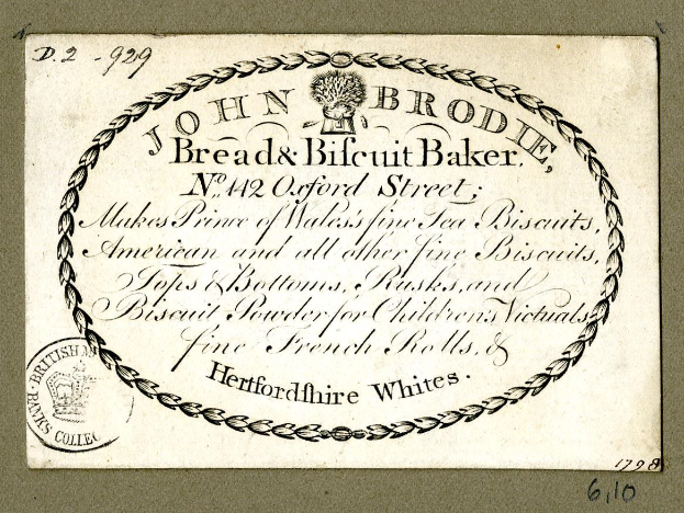 Alte Visitenkarte für John Brodie Bread & Biscuit Baker, mit Text und einem Bild des Bäckers.
