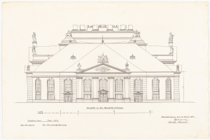 Zeichnung der Schlosshof-Fassade in Dresden, Deutschland, mit zahlreichen Fenstern und Statuen, auf einem Blatt Papier mit sichtbarem Text.