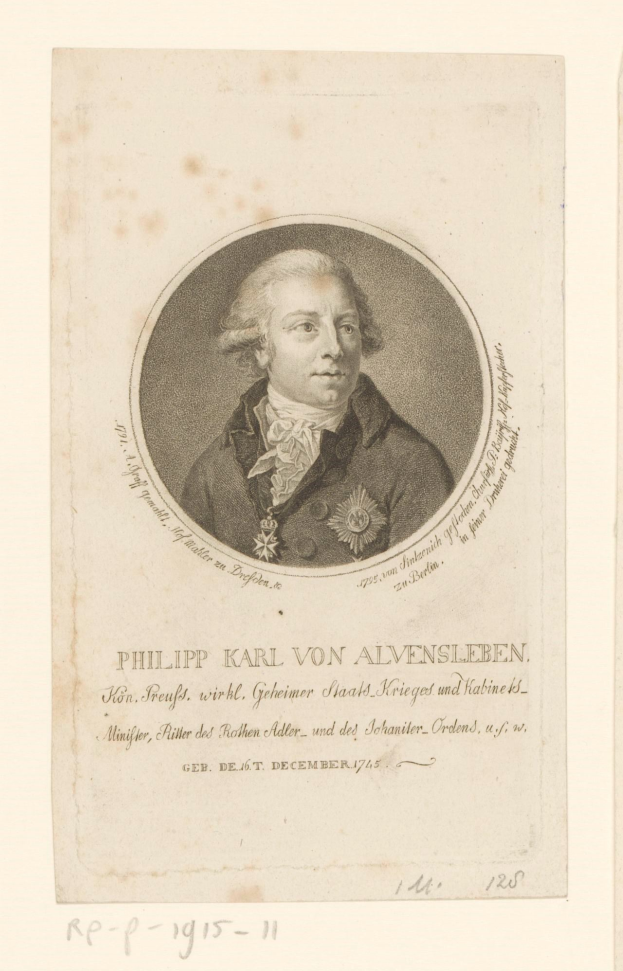 Portrait von Philipp Karl von Alvensleben, einem deutschen Staatsmann, der einen Anzug und eine Krawatte trägt, mit einem ernsten Gesichtsausdruck, dunklem Haar und verschränkten Händen, der abwesend in die Ferne schaut, mit Textüberlagerung auf dem Bild.