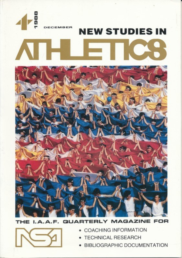 Buchumschlag mit der Aufschrift "Neue Studien im Leichtathletik 1988", der eine Gruppe von Athleten in Trainingskleidung zeigt, vor einem hellblauen Himmel und Bäumen.