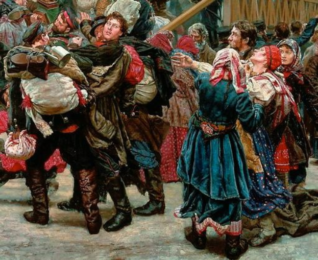 Gemälde von Menschen in traditioneller russischer Kleidung, die vor einem Publikum tanzen, einige halten Gegenstände, vor einem hölzernen Haus im Hintergrund während einer lebhaften, festlichen Szene aus der russischen Revolution.