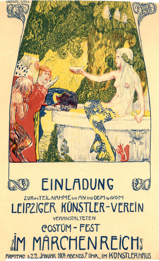 Plakatankündigung eines Festivals in München mit einem Gemälde einer Frau mit menschlichem Gesicht umgeben von Menschen und Bäumen mit Text.
