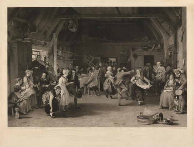 Eine Schwarz-Weiß-Illustration namens "Der Tanz der Drei Musketiere" von Thomas Rowlandson, die eine Gruppe von Menschen beim Tanzen in einem Stall zeigt, einige sitzen auf Stühlen und andere stehen, mit verschiedenen Gegenständen auf einem Tisch und hölzernen Gegenständen im Hintergrund.