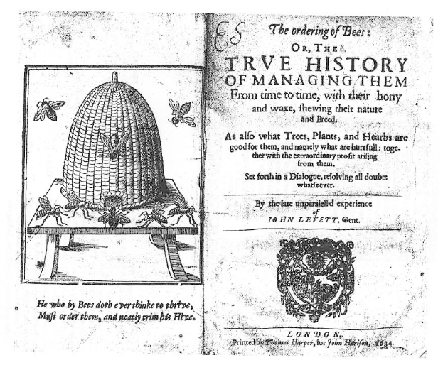 Altes Buch mit dem Titel 'Die Bienenordnung oder die wahre Geschichte ihrer Haltung' mit einer Illustration eines Bienenstocks und umgeben von Insekten.