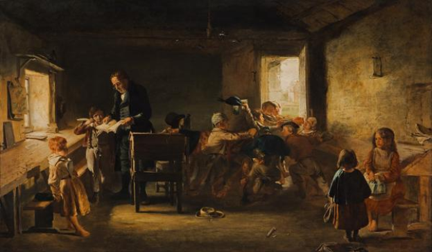 Ein Gemälde mit dem Titel "Die Lehrerklasse" von Rembrandt van Rijn, das eine Gruppe von Kindern in einem Raum mit einem Mann zeigt, der ein Buch hält, sowie einen Tisch mit verschiedenen Gegenständen links daneben und Fenster und eine Wand im Hintergrund.