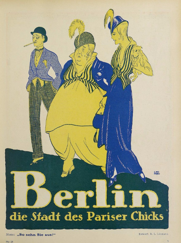 Plakat für ein Konzert in Berlin, Deutschland, mit einer Gruppe bunt gekleideter Menschen vor einem Gebäude mit der Aufschrift "Berlin - Die Stadt des Pariser Chicks" oben.