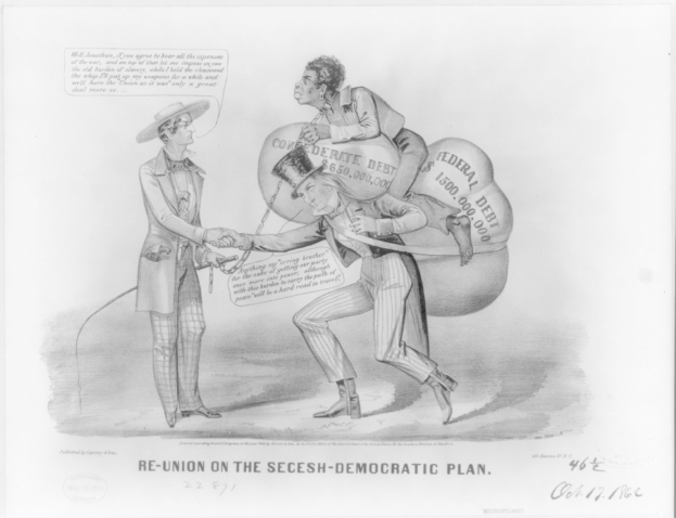 Ein Schwarz-Weiß-Karikatur auf einem Blatt Papier, das zwei Männer beim Händeschütteln zeigt, einer mit einem Rucksack auf dem Rücken, mit der Aufschrift "Wiedervereinigung auf dem secesh-demokratischen Plan".