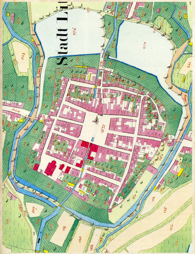 Ein detailliertes altes Stadtplan von Stuttgart, Deutschland, mit Straßen, Gebäuden und Sehenswürdigkeiten in Blau-, Grün- und Gelbtönen.