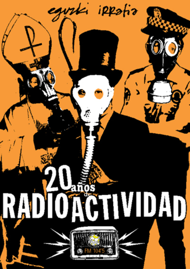 Ein Plakat mit Abbildungen von Menschen, Text und einem Radio.