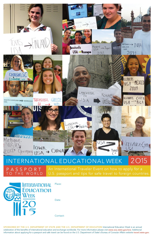 Internationaler Bildungswoche 2015 Plakat mit einer Gruppe lächlnder Menschen, die Schilder mit Text halten.