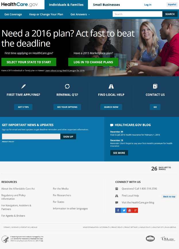 Health Care Gov-Website-Startseite zeigt eine Gruppe von Menschen an einem Tisch mit Gläsern und anderen Gegenständen, mit dem Webseitentitel und informativem Text.
