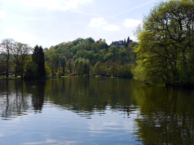Eine friedliche Landschaft mit einem See umgeben von Bäumen, Gras, Häusern und Bergen unter einem klaren Himmel.