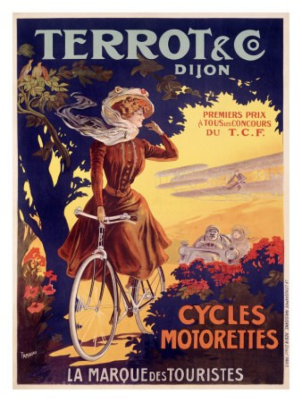 Ein Plakat, das eine Fahrradtour in Frankreich ankündigt und eine Frau zeigt, die auf einem Fahrrad durch Bäume, Blumen und andere Menschen fährt, mit Text, der die Tour beschreibt.