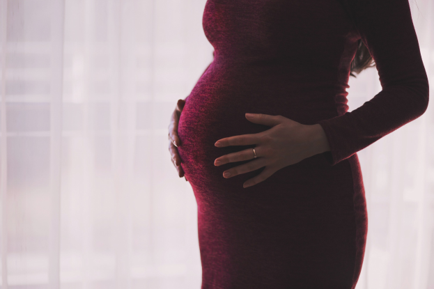 Schwangere Frau in rotem Kleid vor einem Fenster stehend, Hände auf dem Bauch, mit leicht unscharfem Hintergrund.