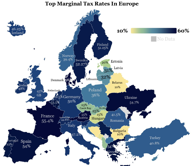 Eine Europakarte mit Farben, die die Höchststeuersätze pro Land anzeigen, und der Überschrift "Höchststeuersätze in Europa" oben.