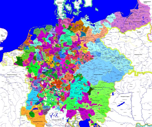 Eine politische Karte von Deutschland, die Bundesländer, ihre Hauptstädte und Staaten mit ihren jeweiligen Hauptstädten zeigt, wobei jedes Gebiet anders gefärbt ist.