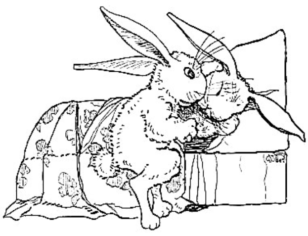 Schwarze und weiße Zeichnung von zwei Hasen, die auf einer Couch sitzen und von Ostereier- und Hasen-Malvorlagen umgeben sind.