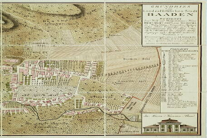 Ein detailliertes altes Stadtplan von Baden-Württemberg, Deutschland, der Straßen, Gebäude und Sehenswürdigkeiten zeigt, mit Text, der zusätzliche Stadtinformationen liefert, und einem Gebäude in der rechten unteren Ecke.
