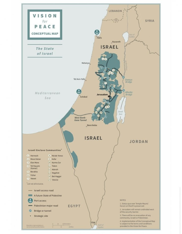 Ein Plakat mit der Aufschrift "Vision für Friedenskonzept-Karte" mit einer farbcodierten Karte Israels in fetter schwarzer Schrift.