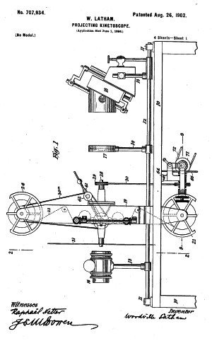 Ein detailliertes Patentbild eines Kinematoskops, das ein Rad und einen Griff zeigt, mit begleitendem Text.