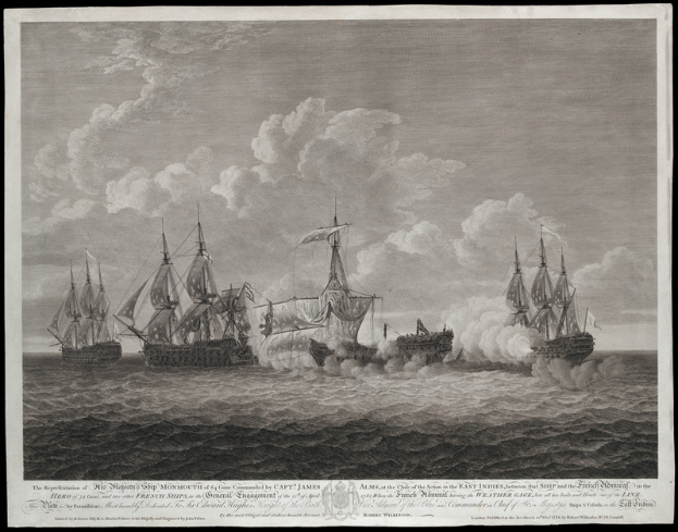 Eine Schwarz-Weiß-Radierung von drei Schiffen, die Rauch ausstoßen und auf einem wolkenverhangenen Meer segeln, mit der Inschrift "Die Regression der Napoleonischen Kriege" unten.