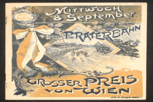 Ein altes Konzertplakat mit einem zentralen menschlichen Gesicht und dem Text 'Grosser Preis von Wien' auf einem schwarzen Hintergrund.